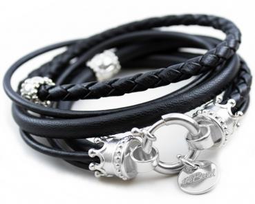 Schwarzes Lederarmband mit Silber KRÖNCHEN Verschluss