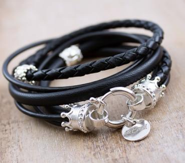 Schwarzes Lederarmband mit Silber KRÖNCHEN Verschluss