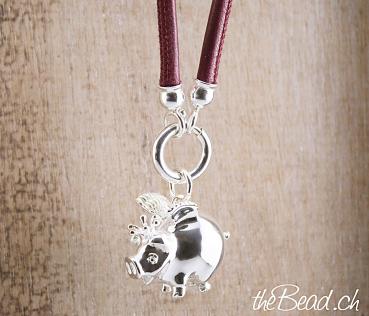 Leather necklace SCHWEINCHEN GLÜCK with 925 sterling silver clasp with pendant