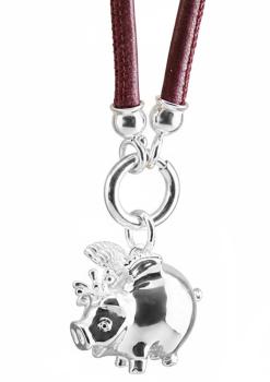 Leder Halskette SCHWEINCHEN GLÜCK, Lederfarbe sowie Länge (bis 90 cm) wählbar