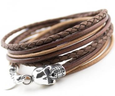 men wrap leather bracelet with 925 sterling skull