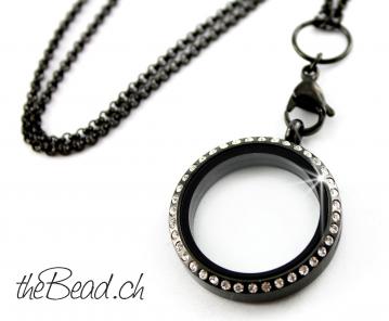 LA VIE Medaillon incl. Halskette im Set " Schwarz Strass  "