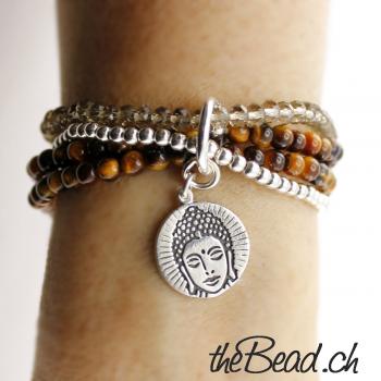 BUDDHA Tigeraugen & Silberperlen Armband