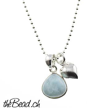 larimar and heart necklace made of 925 sterling silver