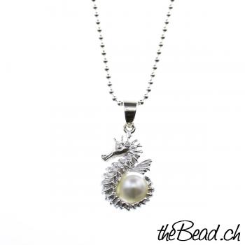 Halskette Seepferdchen Silber Anhänger 925 Sterling mit Perle
