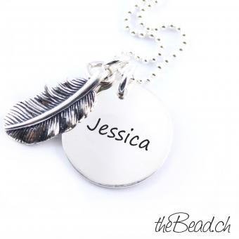 Silver Necklace with engraved name pendant and feather