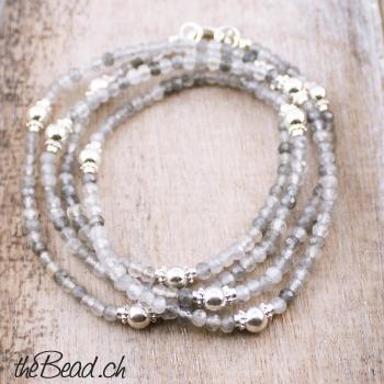 silver and silverquartz beads necklace 85 cm