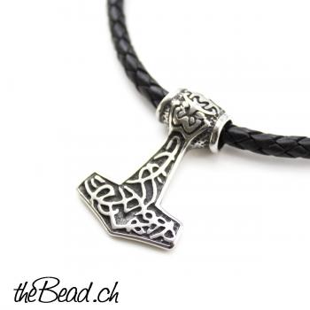 thor hammer necklace made of  leather and adjustable cord