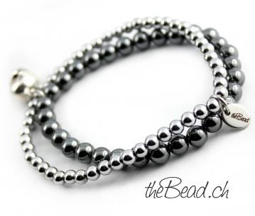 Hämatit Perlenarmband bei thebead mit 925 Stelring Silber Totenkopf the Bead