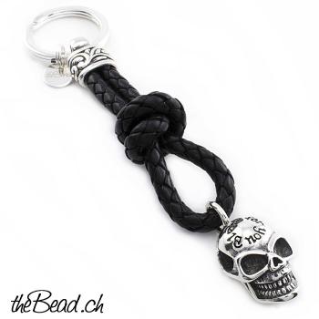 keychain with SKULL 925 silver and leather