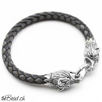 Preview: massiver herren silberschmuck aus 925 Sterling Silber und schwarzem braunem oder hellbraunem Leder the Bead