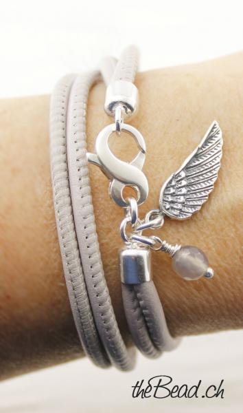 achat lederarmband mit silber flügel