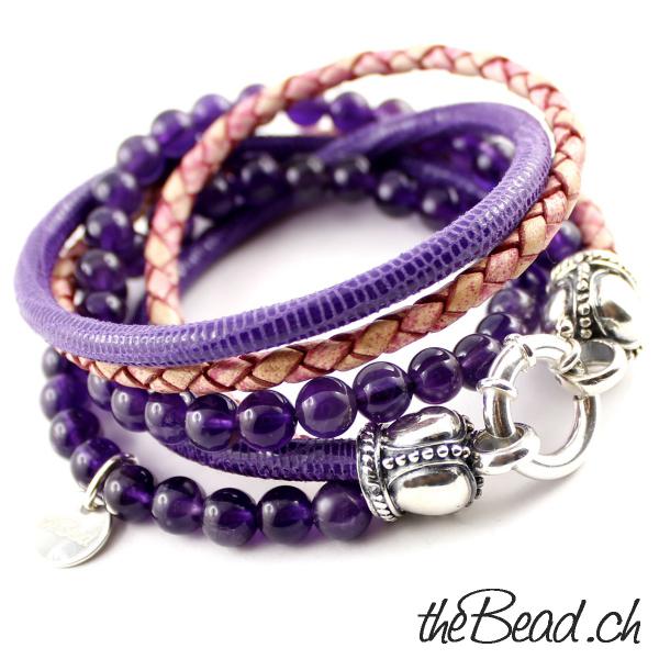 Leder und amethyst  Armband tolle Geschenkidee theBead in lila und rosa