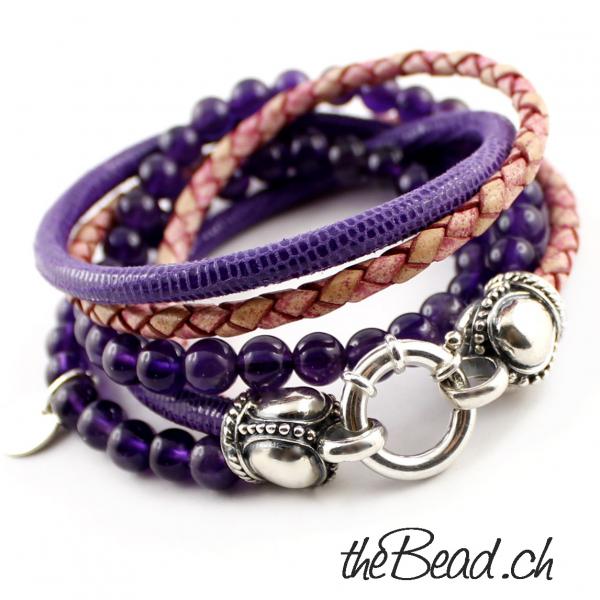 amethyst Damen Armband mit Leder und silber theBead