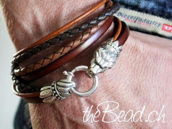 men bracelet with braided leather and lion head