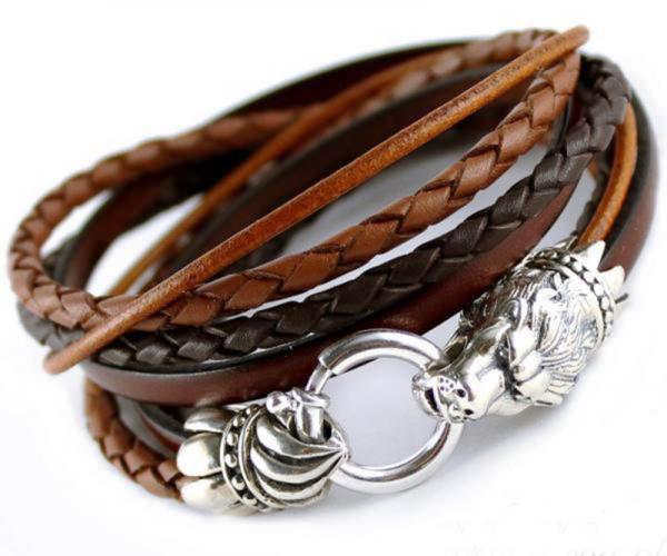 Männer Luxusarmband Löwe aus massivem 925er Silbers und Leder