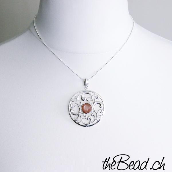 necklace made of silver 925 sterling orange moonstone