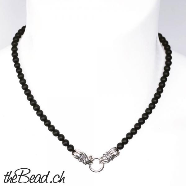 SCHWARZE Perlenkette für Männer mit 925 Silber kaufen schwarze matte perlen