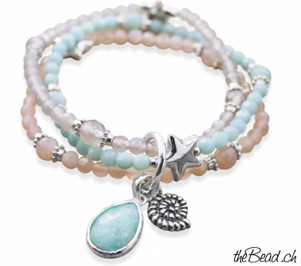 Silberarmband mit amazonit, orangen mondstein und achat