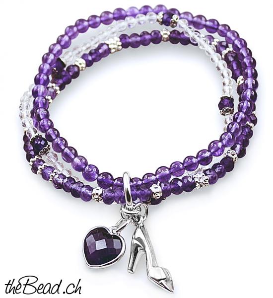 Amethyst Bergkristall Silberarmband  armband damenarmband mit Silberschuh Anhänger