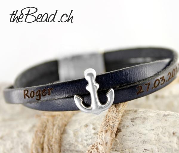anchor leather clasp engraving bracelet