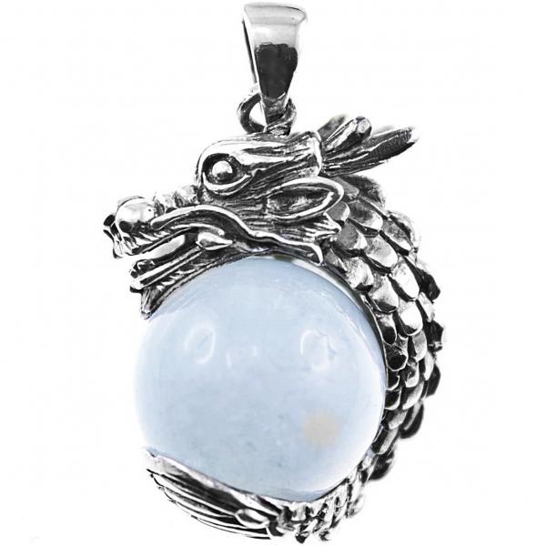 Silber Drachen Anhänger mit Aquamarin Kugel