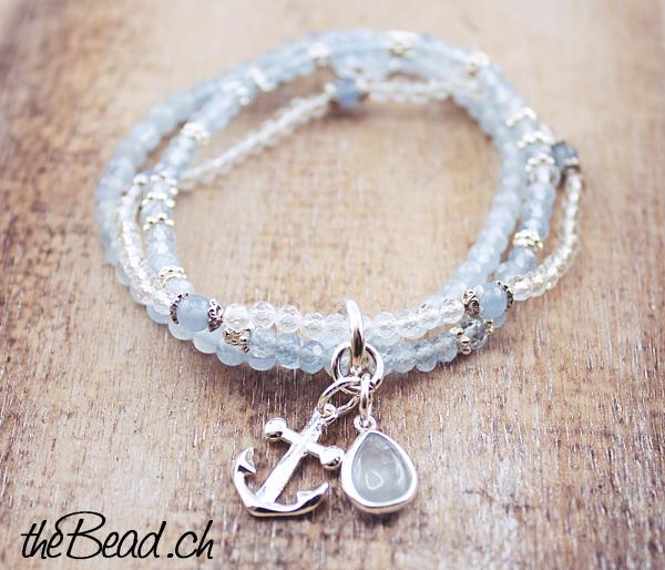 aquamarine Bergkristall Silberarmband  armband damenarmband mit Silberschuh Anhänger