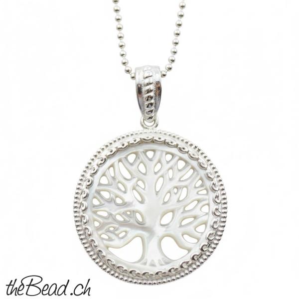 PERLMUTT lebensbaum Anhänger mit 925 Sterling Silber mit Kugelkette Sterling