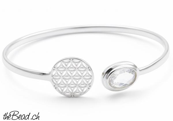 silber Armreif mit Blume des Lebens Bergkristall