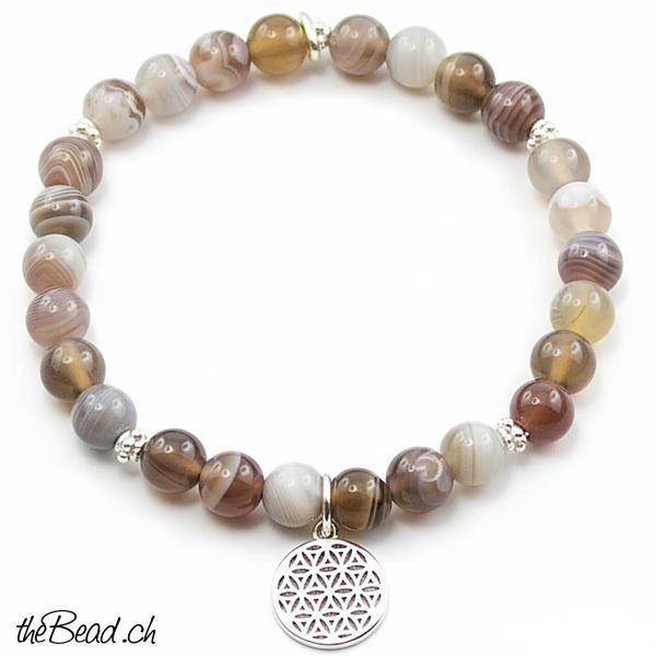 Botswana Achat armband mit Blume des Lebens Anhänger