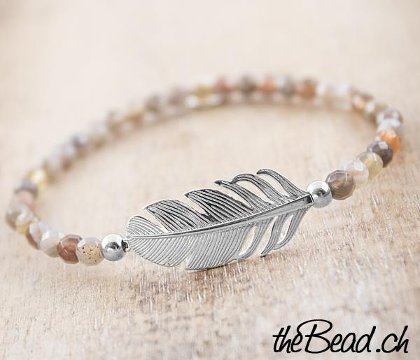 925 Sterling silver feather bracelet with botswana agate