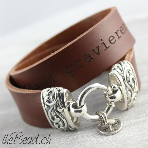 engraved clasp leather bracelet