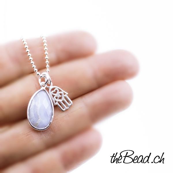 silver necklace with chalcedony pendant