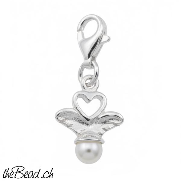 silber Charm mit engelsflügel & perle