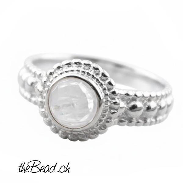 Silber Fingerring mit  mondstein edelsteinen und grünem amethyst sowie bergkristall