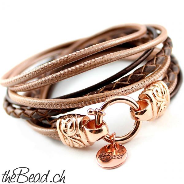 Damen Armband mit Leder und 925 sterling silber rose gold vergoldet theBead