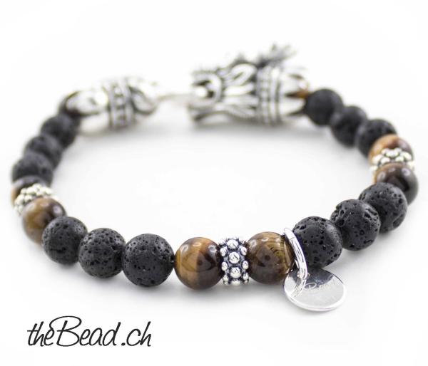 Herrenschmuck Löwen armband mit  Tigeraugen und lava  aus 925 Sterling Silber the Bead