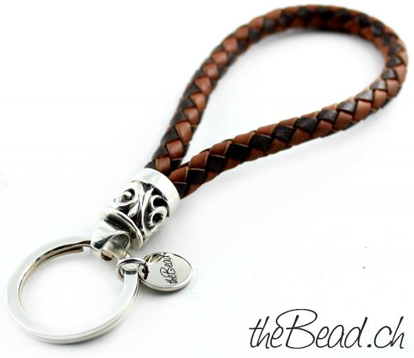 keychain made of 925 sterling silver and leather brown