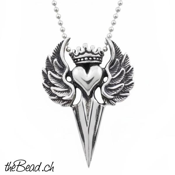 silberhalskette mit fluegel herz krone schwert