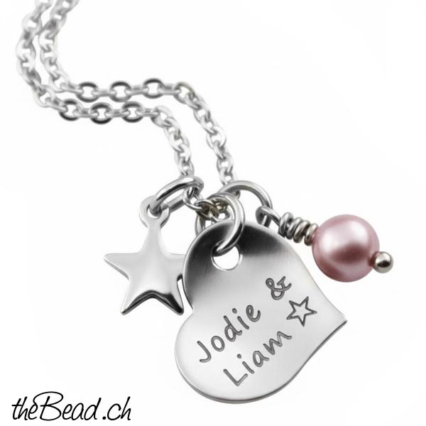 gravur collier halskette mit herz und perle