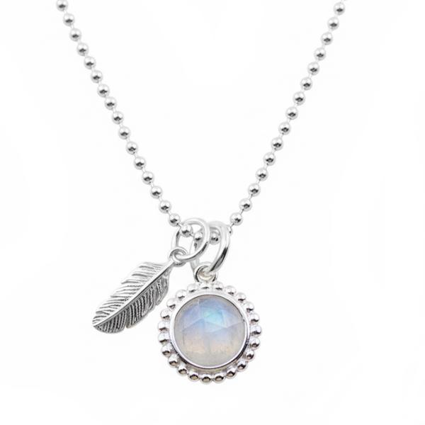regenbogen mondstein silberhalskette mit feder anhänger