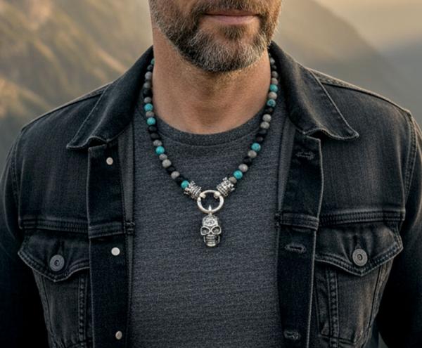 Herren Halskette totenkopf skull krönchen Perlenkette für Männer mit 925 Silber kaufen schwarze matte perlen Achat Adleraugen  türkise