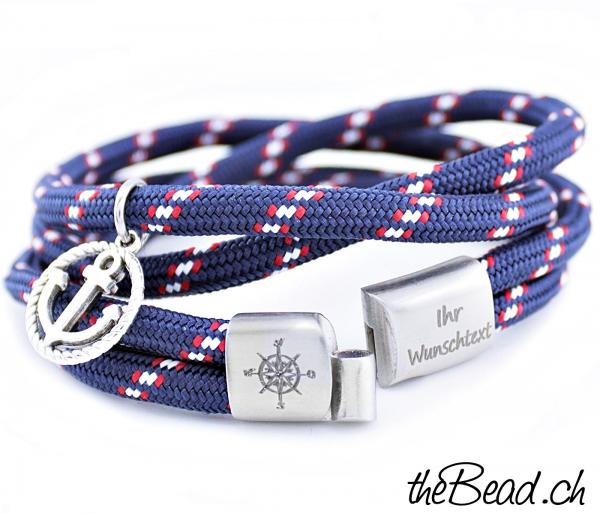 Personalisierter Schmuck Textilarmband mit Anker Anhänger