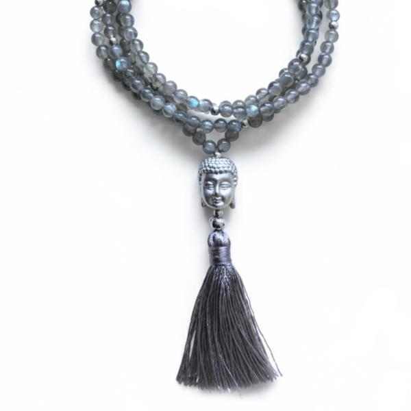 labradorit mit silber buddha anhänger und quaste