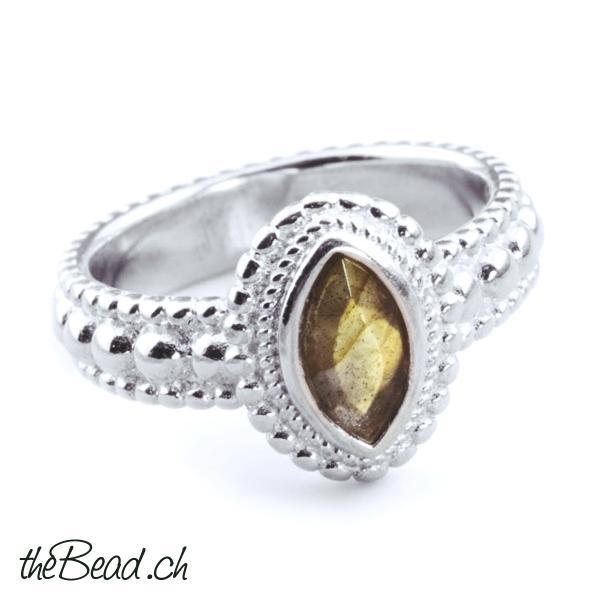 Silber Fingerring mit  labradorit edelsteinen und grünem amethyst sowie bergkristall