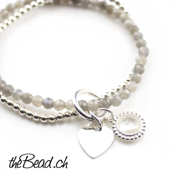 silver beads bracelet with heart pendant