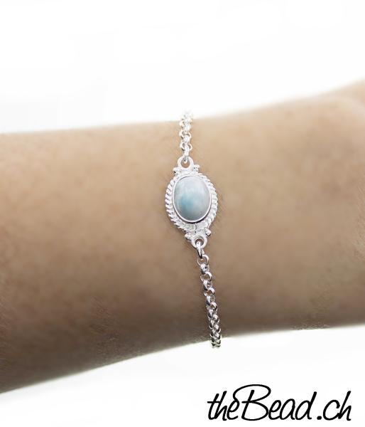 Larimar Edelstein und Silber Armband 17 cm + 3 cm Verlängerungskettchen