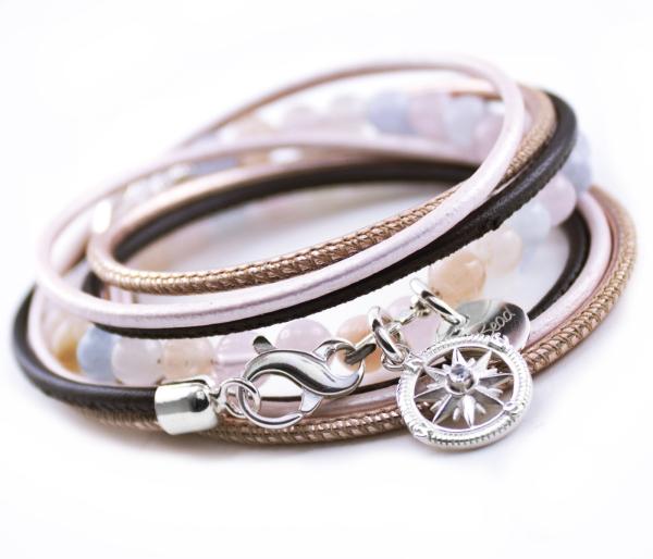 Morganit Lederarmband mit Kompass Silber Anhänger theBead