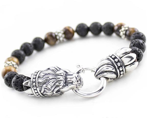 lion silver closure tigereye lava  bracelet