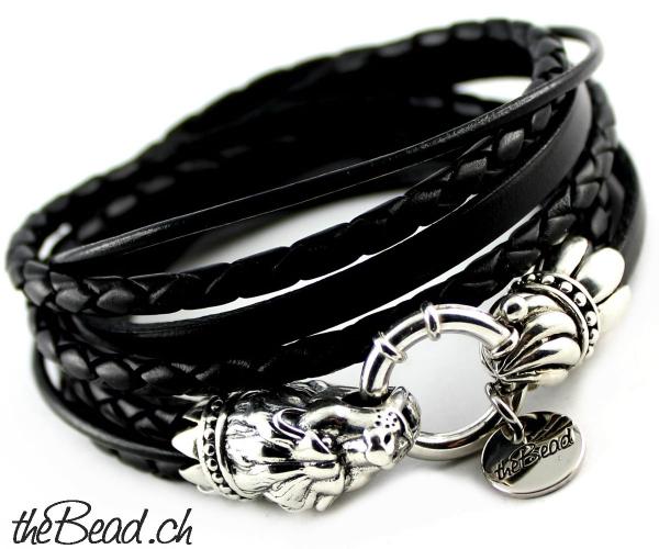 Herren Armband mit geflochtenem Leder und Löwenkopf the Bead